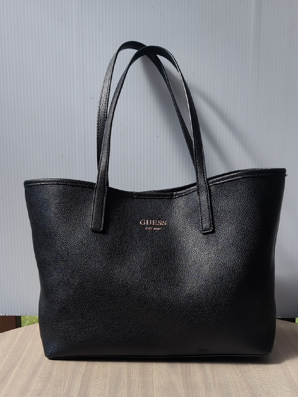 GUESS Black Pebbled Faux Leather Tote with Gold Logo